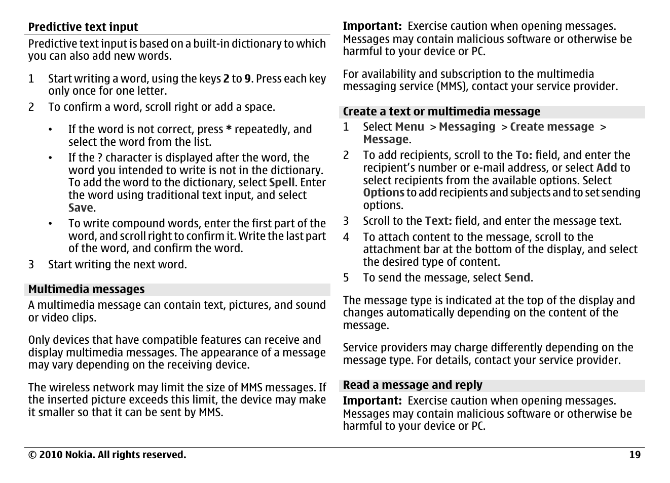 Predictive text input, Multimedia messages, Create a text or multimedia message | Read a message and reply | Nokia 6700 Classic User Manual | Page 19 / 57