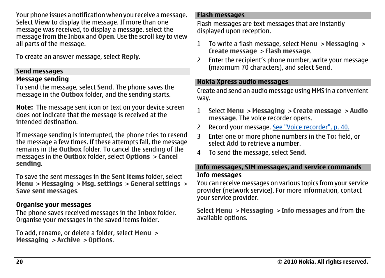 Send messages, Flash messages, Nokia xpress audio messages | Info messages, sim messages, and service commands | Nokia 6700 Classic User Manual | Page 20 / 57