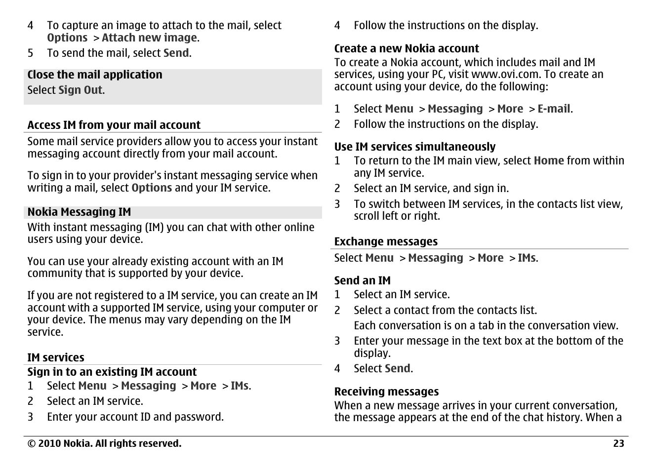 Access im from your mail account, Nokia messaging im, Im services | Exchange messages, In use. see, Nokia, Messaging im | Nokia 6700 Classic User Manual | Page 23 / 57