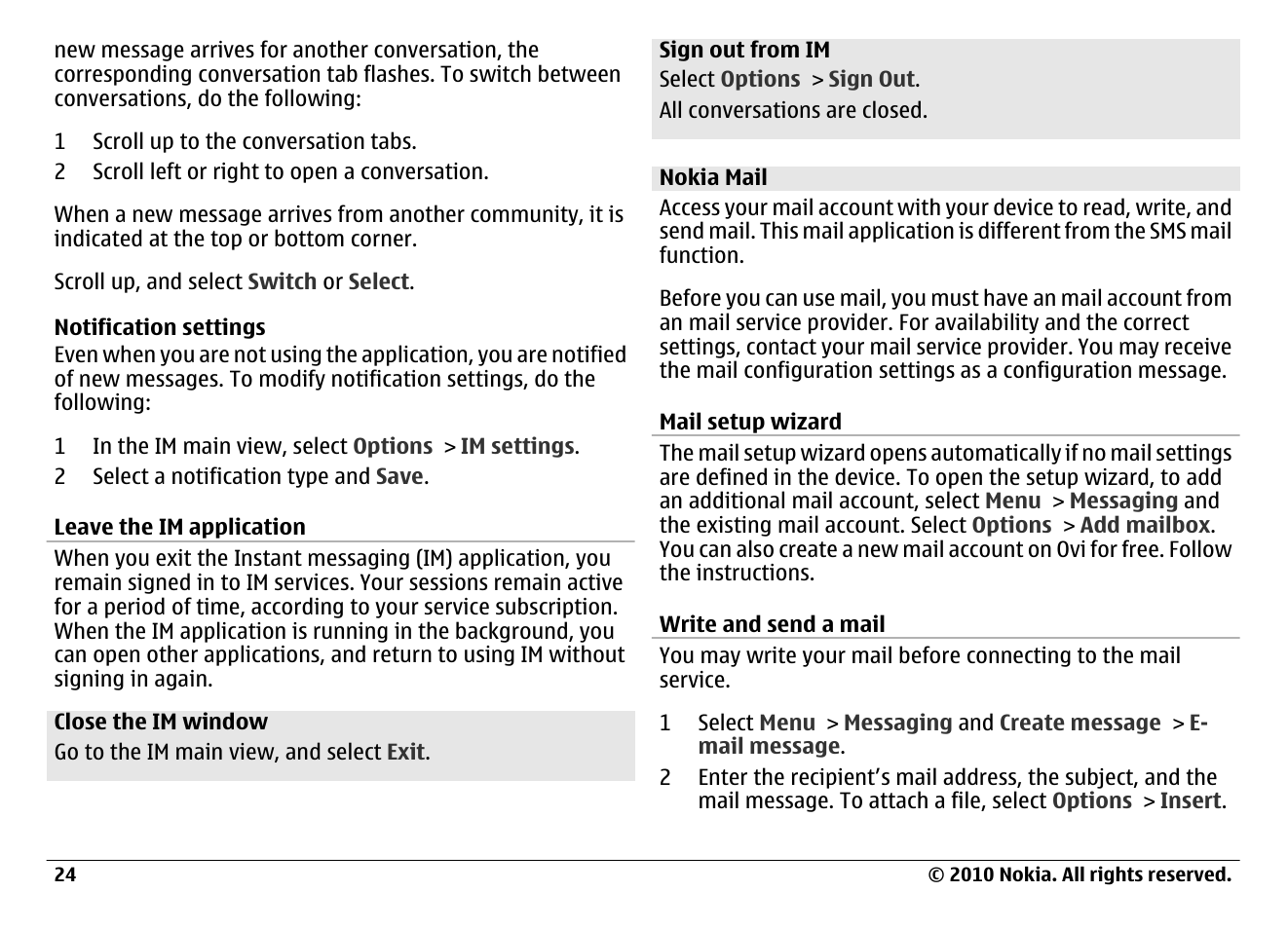 Leave the im application, Nokia mail, Mail setup wizard | Write and send a mail | Nokia 6700 Classic User Manual | Page 24 / 57