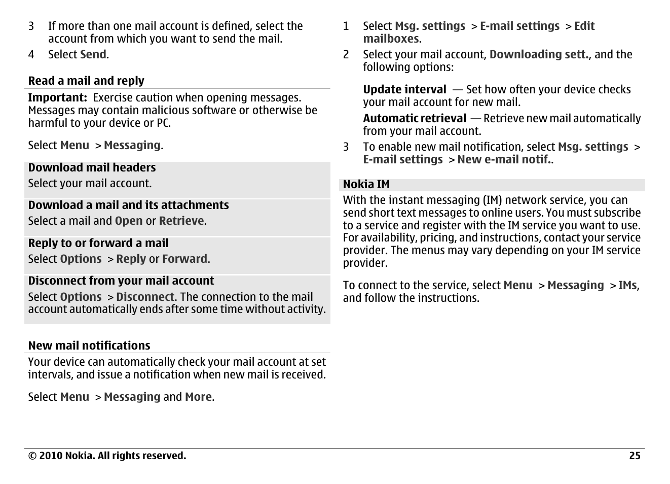 Read a mail and reply, New mail notifications, Nokia im | Nokia 6700 Classic User Manual | Page 25 / 57