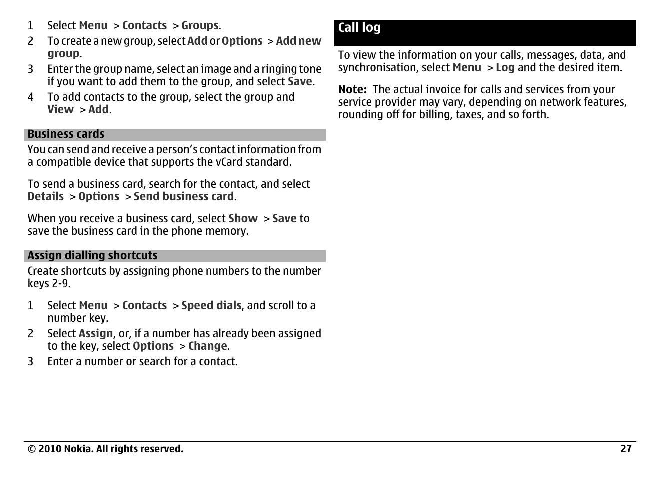 Business cards, Assign dialling shortcuts, Call log | Nokia 6700 Classic User Manual | Page 27 / 57
