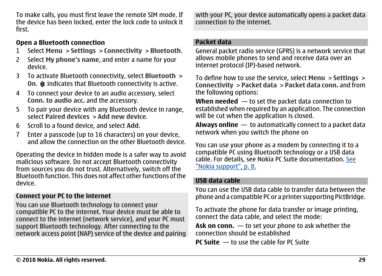 Packet data, Usb data cable | Nokia 6700 Classic User Manual | Page 29 / 57