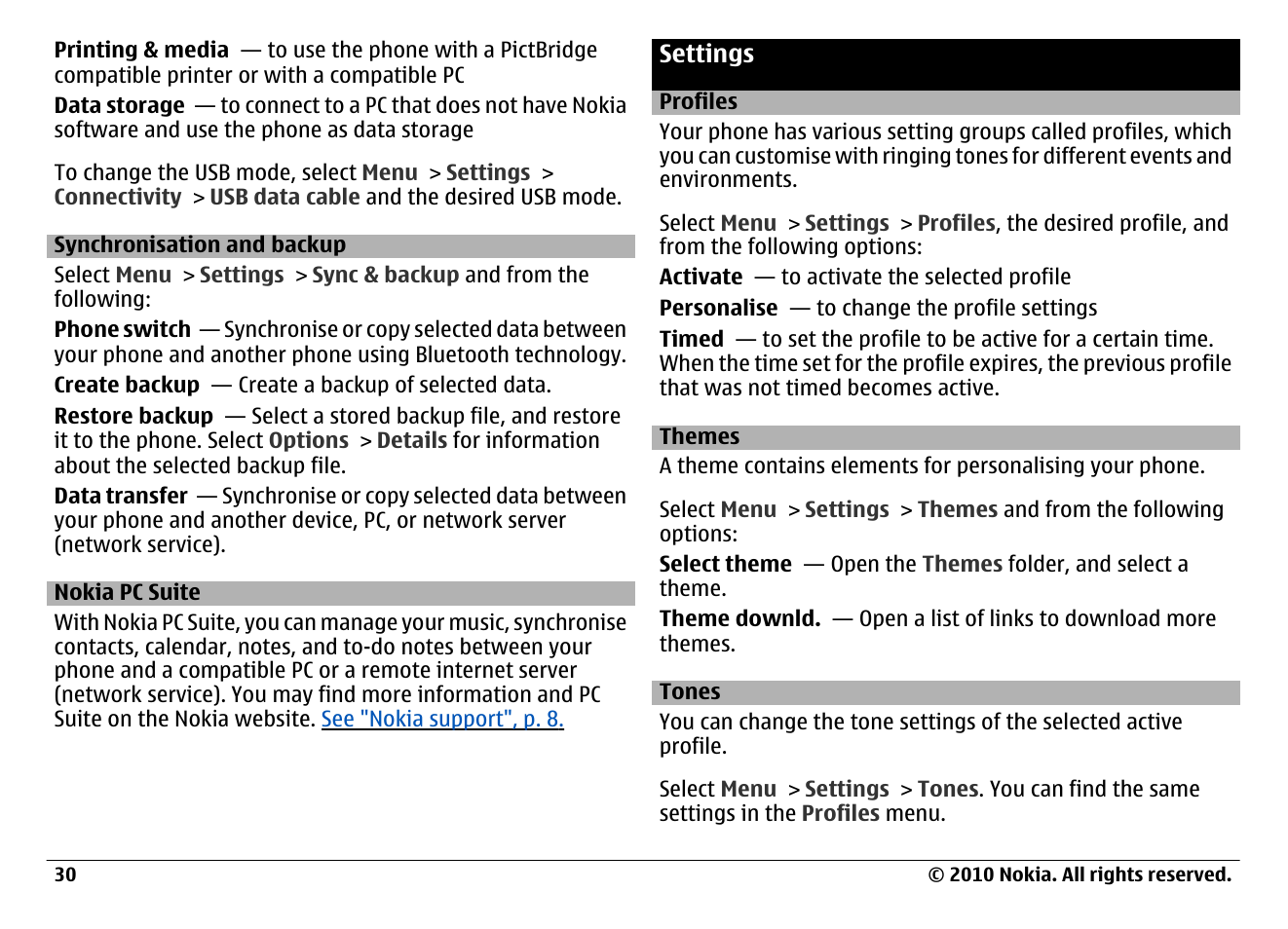 Synchronisation and backup, Nokia pc suite, Settings | Profiles, Themes, Tones | Nokia 6700 Classic User Manual | Page 30 / 57