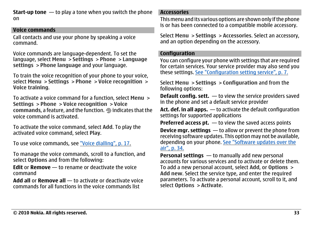 Voice commands, Accessories, Configuration | See "voice commands", p. 33 | Nokia 6700 Classic User Manual | Page 33 / 57