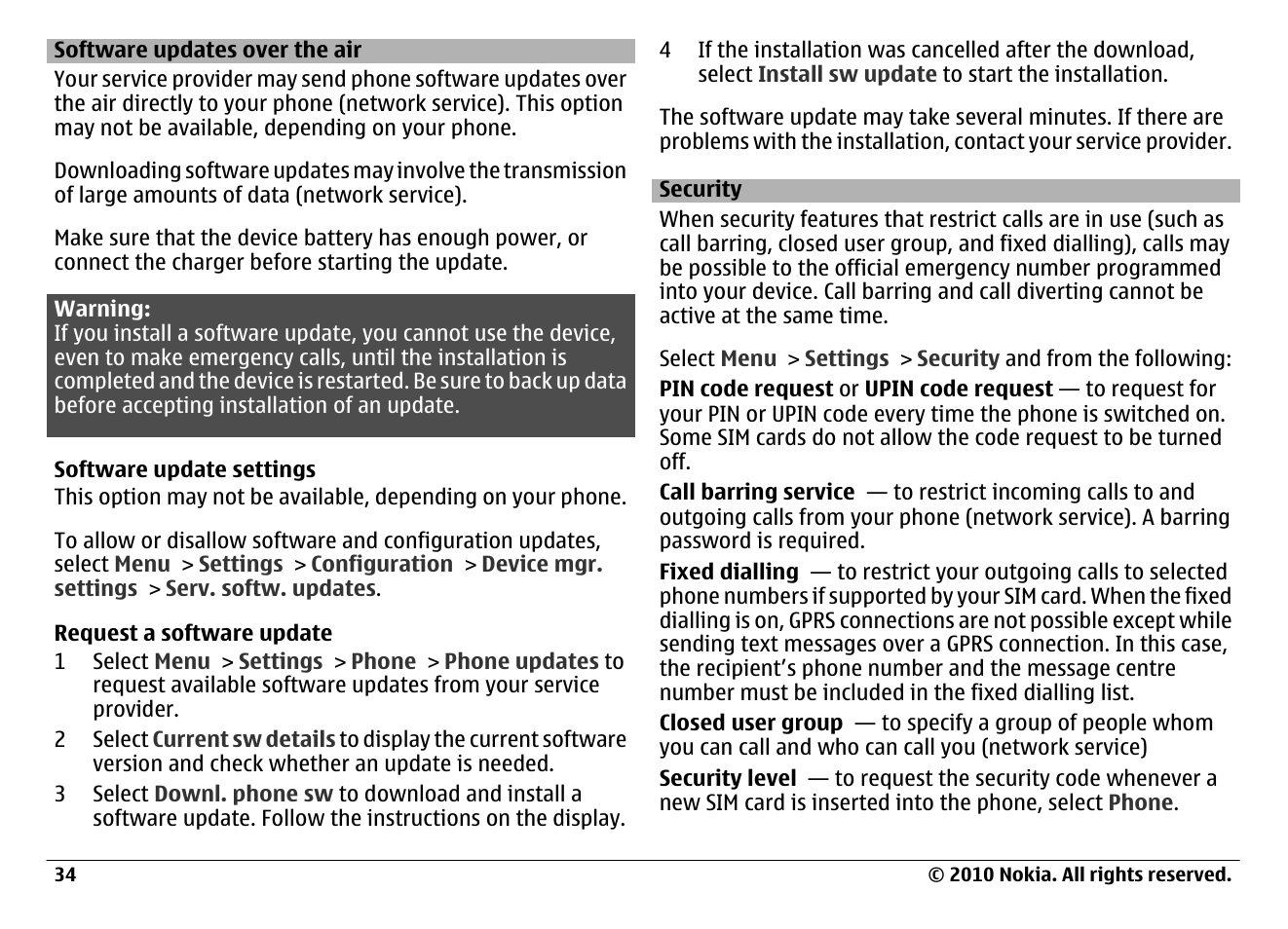 Software updates over the air, Security, See "software updates over the air", p. 34 | See "security", p. 34, Nding on your phone, See "software updates, Over the air", p. 34, See "software updates over the, Air", p. 34 | Nokia 6700 Classic User Manual | Page 34 / 57