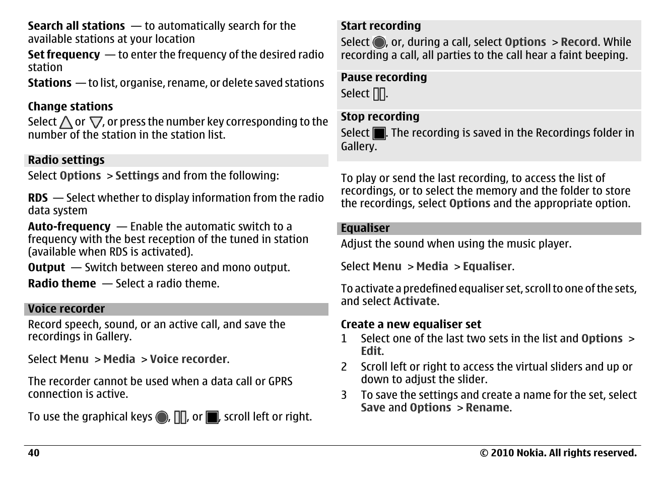 Radio settings, Voice recorder, Equaliser | Nokia 6700 Classic User Manual | Page 40 / 57