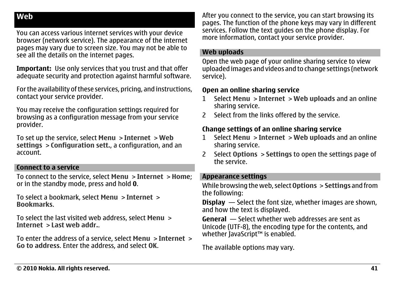 Connect to a service, Web uploads, Appearance settings | Web 41 | Nokia 6700 Classic User Manual | Page 41 / 57