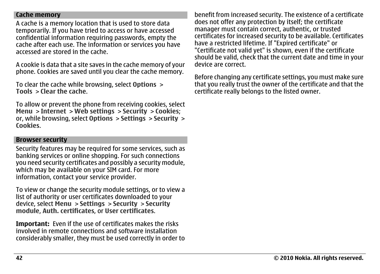 Cache memory, Browser security | Nokia 6700 Classic User Manual | Page 42 / 57