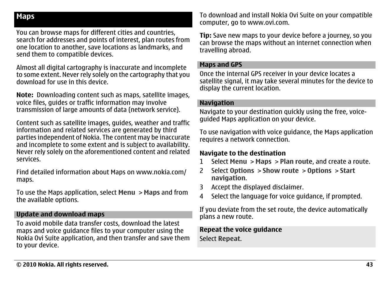 Maps, Update and download maps, Maps and gps | Navigation | Nokia 6700 Classic User Manual | Page 43 / 57