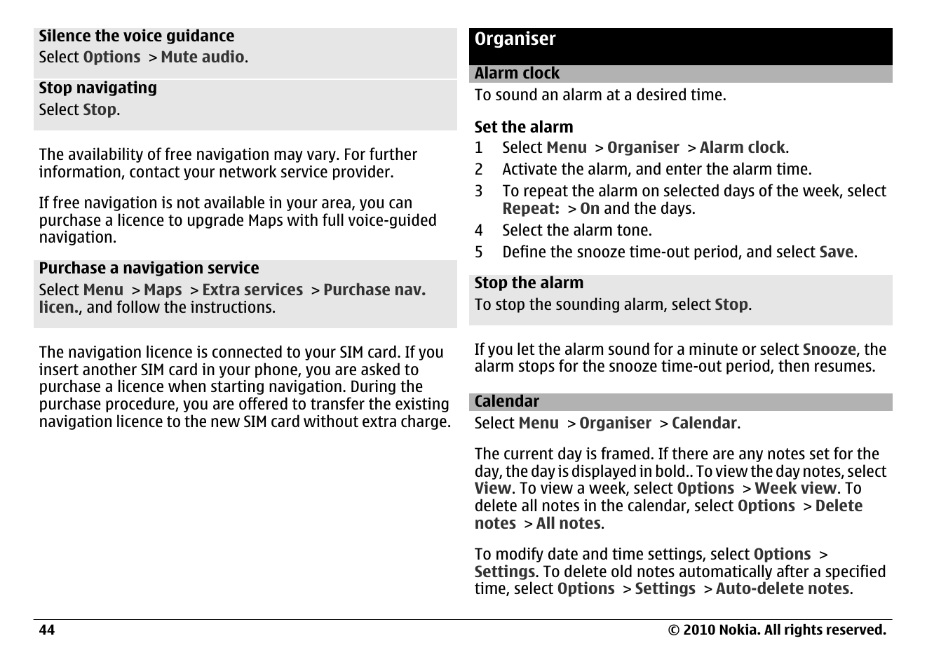 Organiser, Alarm clock, Calendar | Organiser 44 | Nokia 6700 Classic User Manual | Page 44 / 57