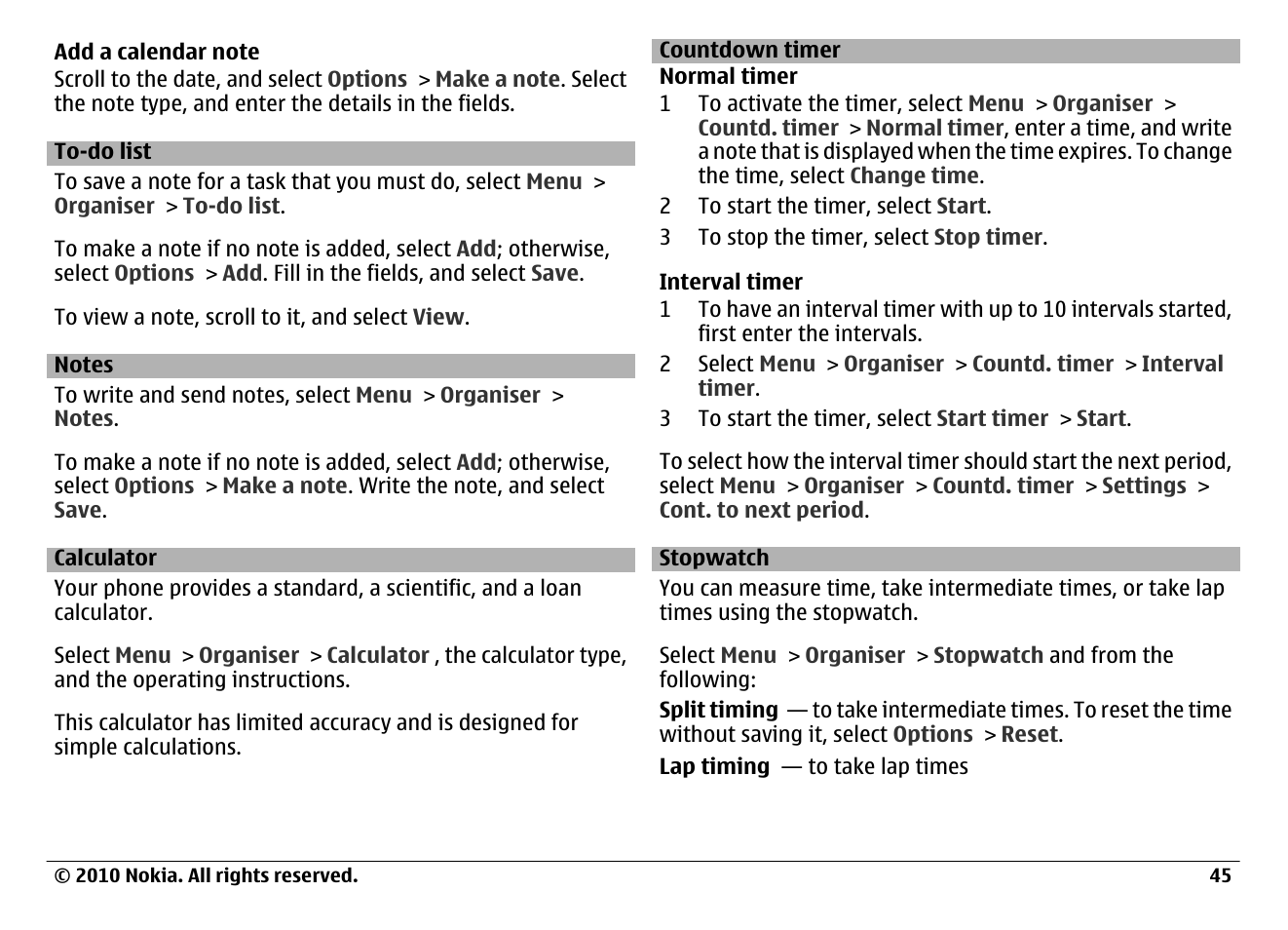 To-do list, Notes, Calculator | Countdown timer, Stopwatch | Nokia 6700 Classic User Manual | Page 45 / 57