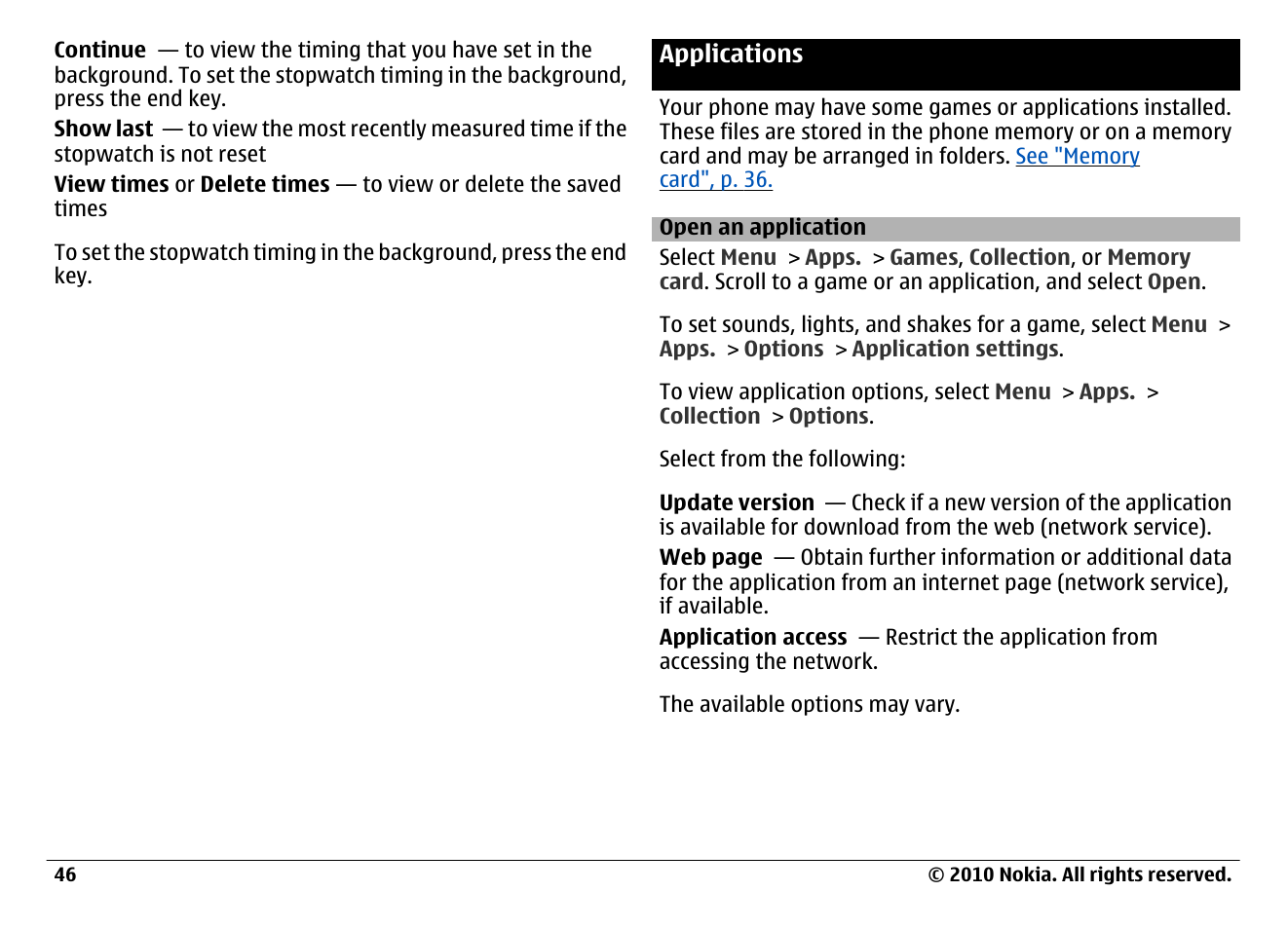 Applications, Open an application, Applications 46 | Nokia 6700 Classic User Manual | Page 46 / 57