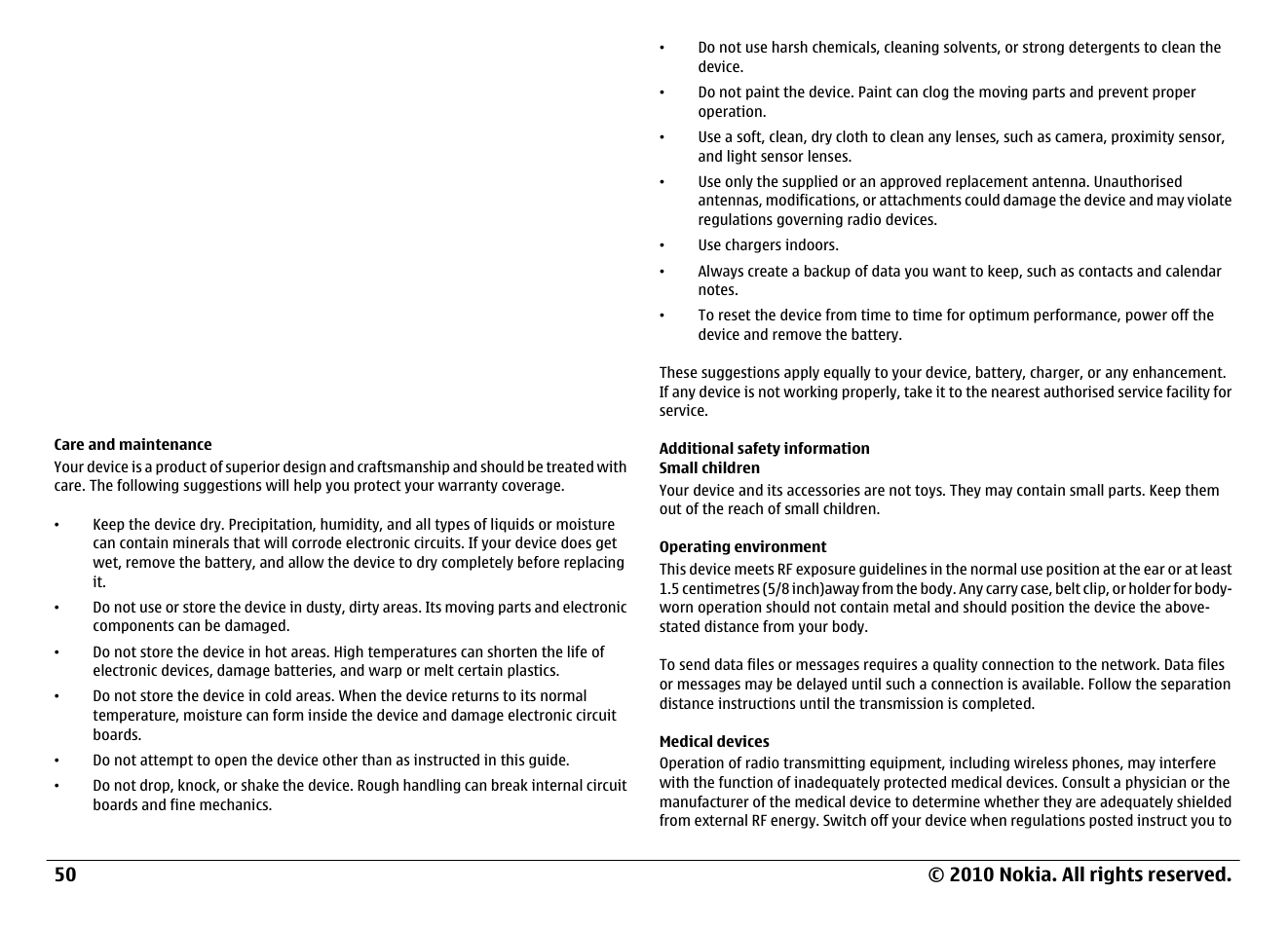 Care and maintenance, Additional safety information, Small children | Operating environment, Medical devices | Nokia 6700 Classic User Manual | Page 50 / 57