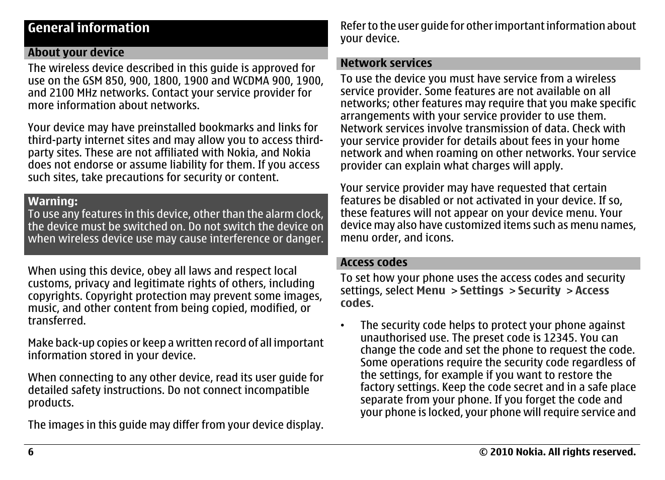 General information, About your device, Network services | Access codes | Nokia 6700 Classic User Manual | Page 6 / 57
