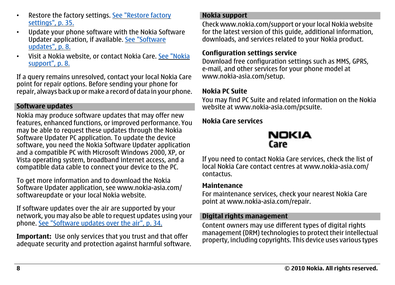 Software updates, Nokia support, Digital rights management | Nokia 6700 Classic User Manual | Page 8 / 57