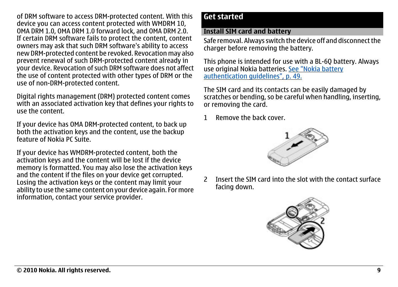 Get started, Install sim card and battery | Nokia 6700 Classic User Manual | Page 9 / 57