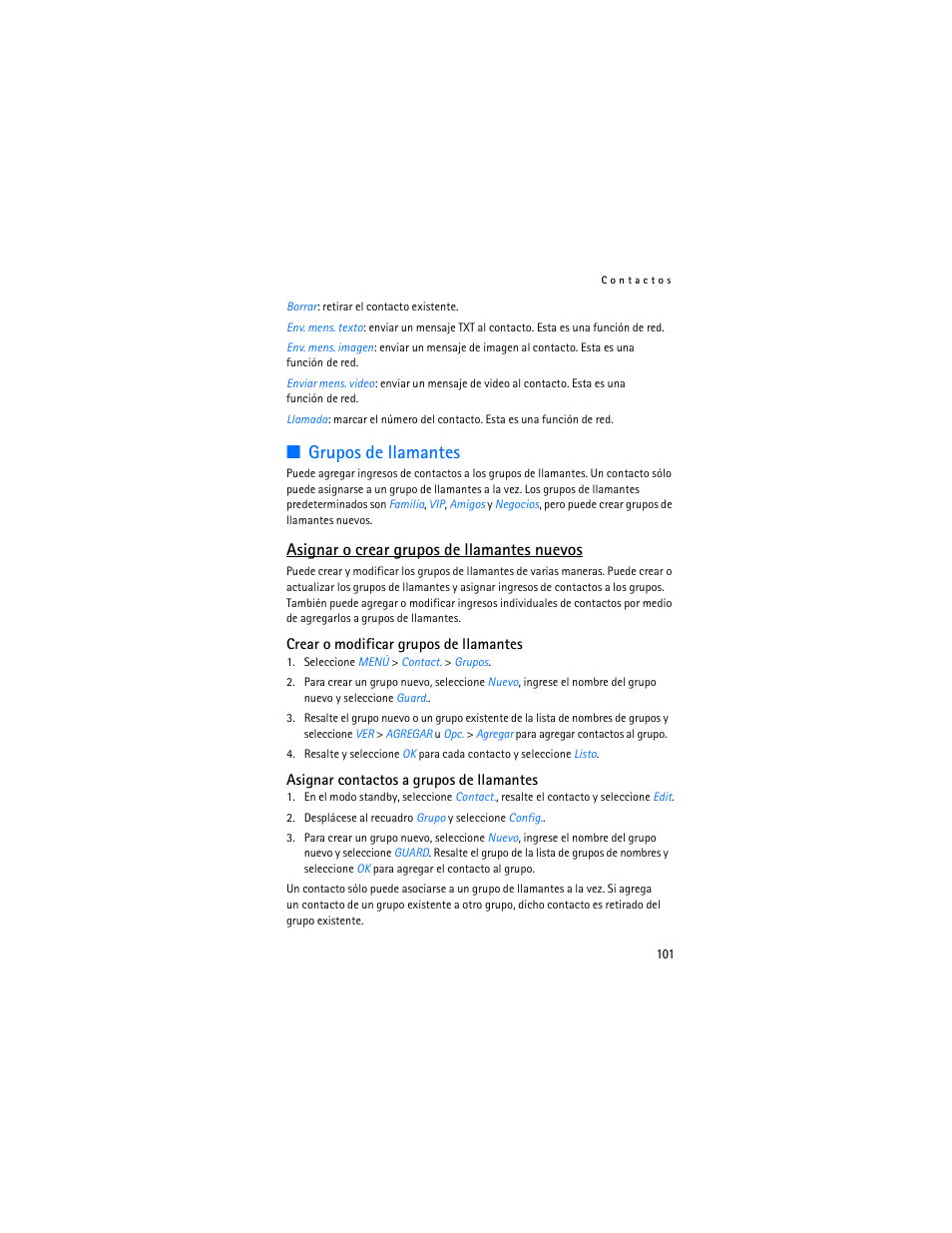 Grupos de llamantes, Asignar o crear grupos de llamantes nuevos | Nokia 6305i User Manual | Page 102 / 137