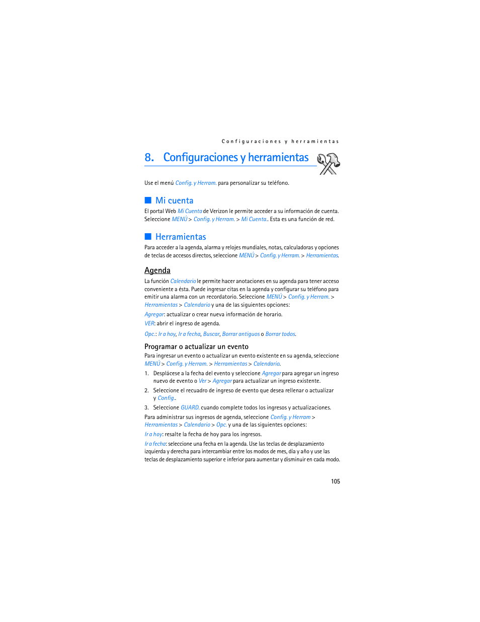 Configuraciones, Configuraciones y herramientas, Mi cuenta | Herramientas, Agenda | Nokia 6305i User Manual | Page 106 / 137
