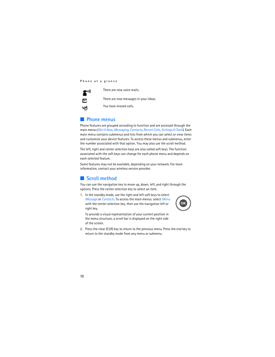 Phone menus, Scroll method | Nokia 6305i User Manual | Page 11 / 137