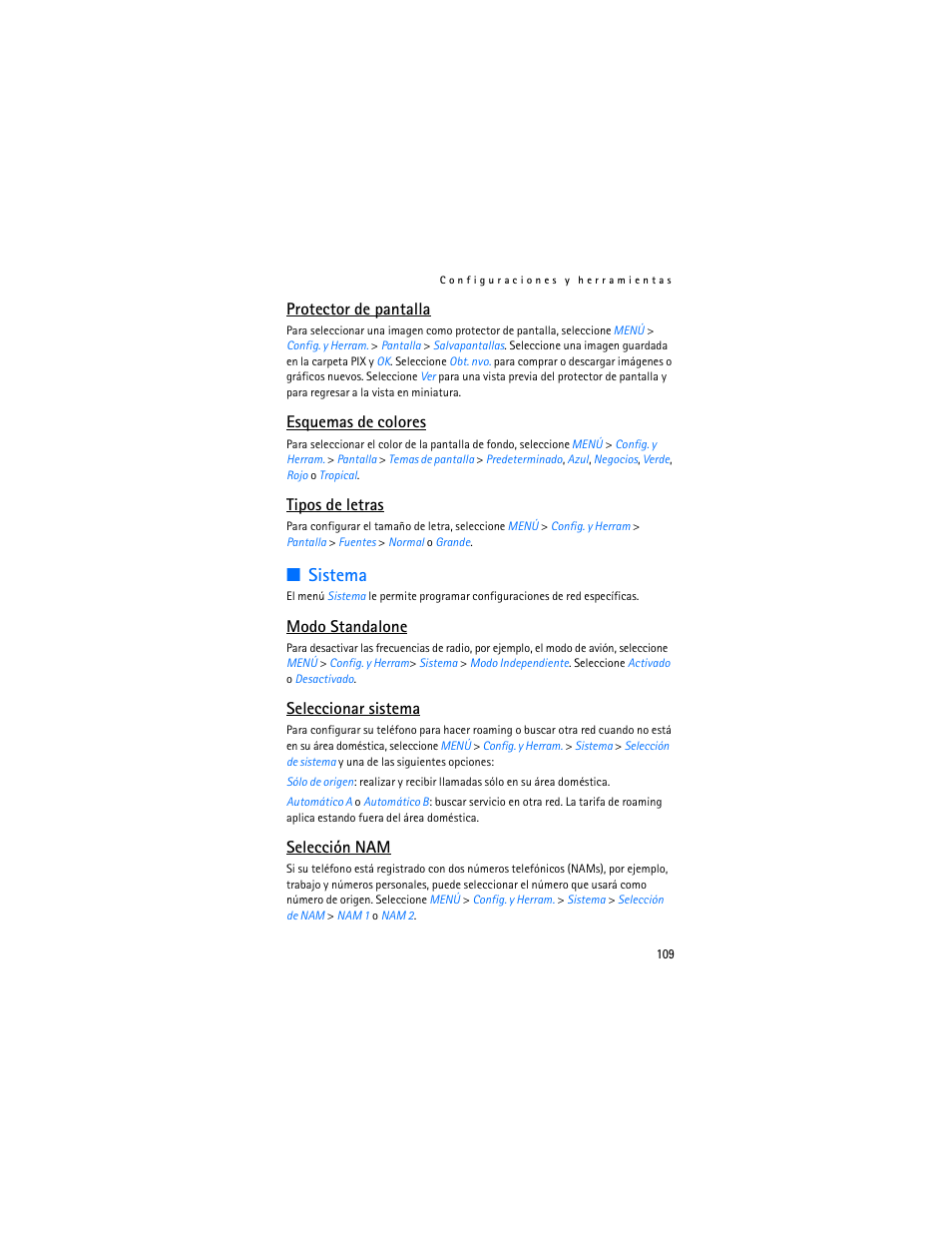 Sistema, Protector de pantalla, Esquemas de colores | Tipos de letras, Modo standalone, Seleccionar sistema, Selección nam | Nokia 6305i User Manual | Page 110 / 137