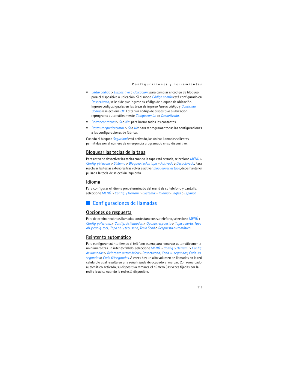 Configuraciones de llamadas, Bloquear las teclas de la tapa, Idioma | Opciones de respuesta, Reintento automático | Nokia 6305i User Manual | Page 112 / 137