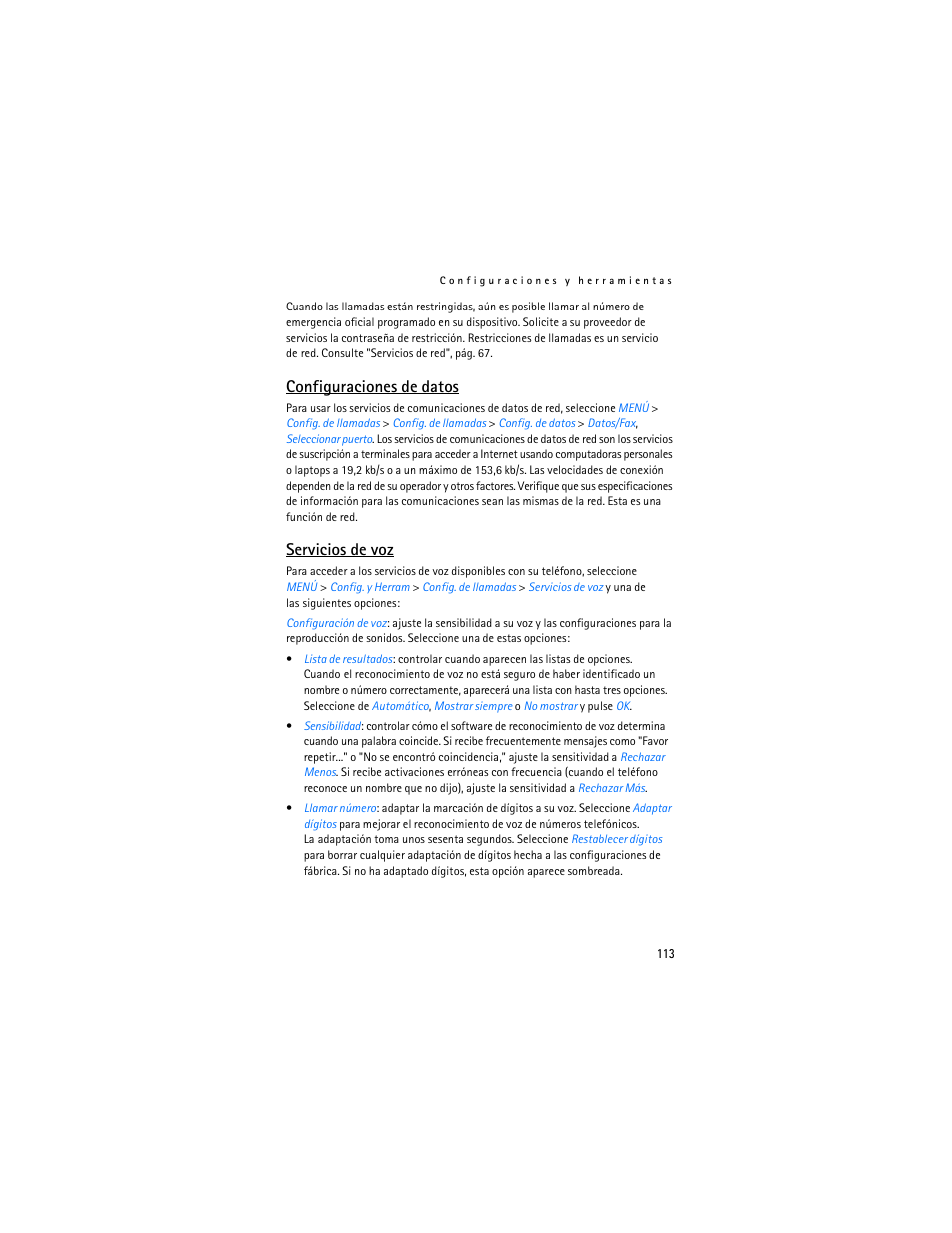 Configuraciones de datos, Servicios de voz | Nokia 6305i User Manual | Page 114 / 137