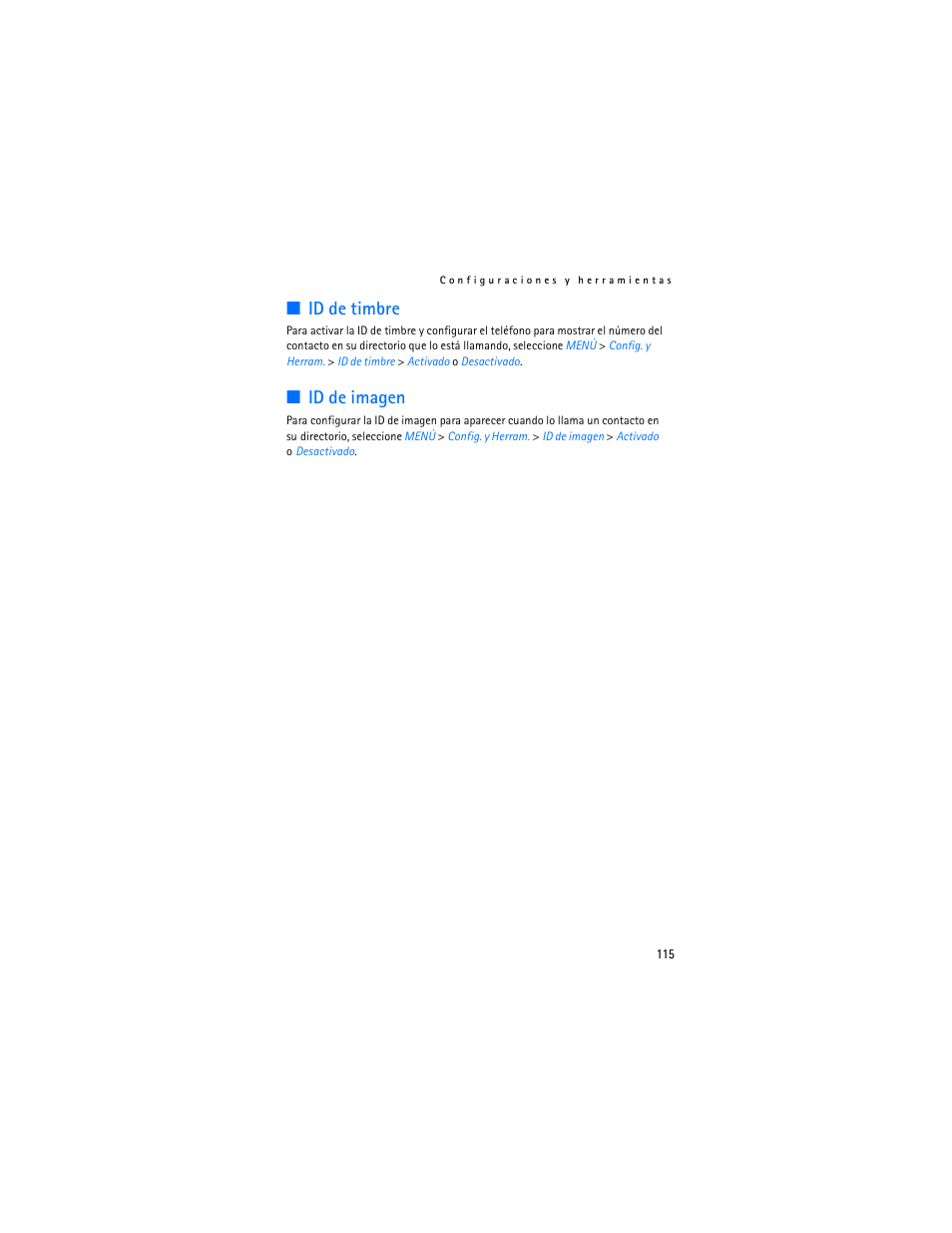 Id de timbre, Id de imagen | Nokia 6305i User Manual | Page 116 / 137