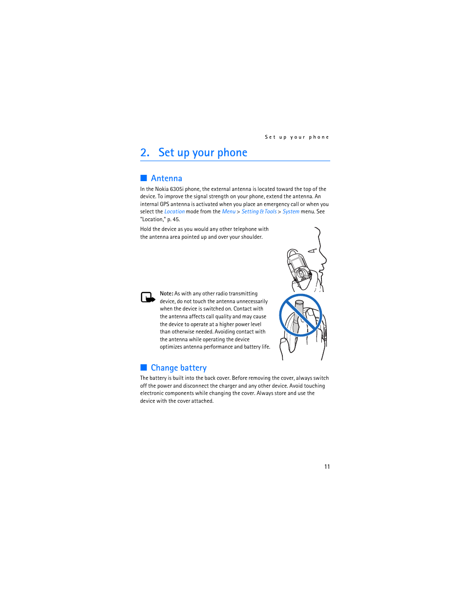 Set up your phone, Antenna, Change battery | Nokia 6305i User Manual | Page 12 / 137