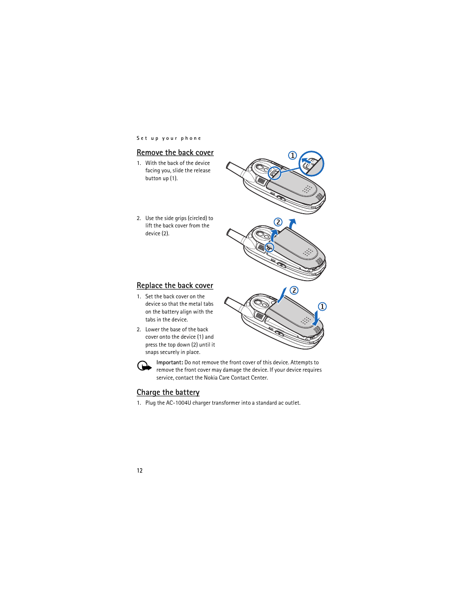 Remove the back cover, Replace the back cover, Charge the battery | Nokia 6305i User Manual | Page 13 / 137