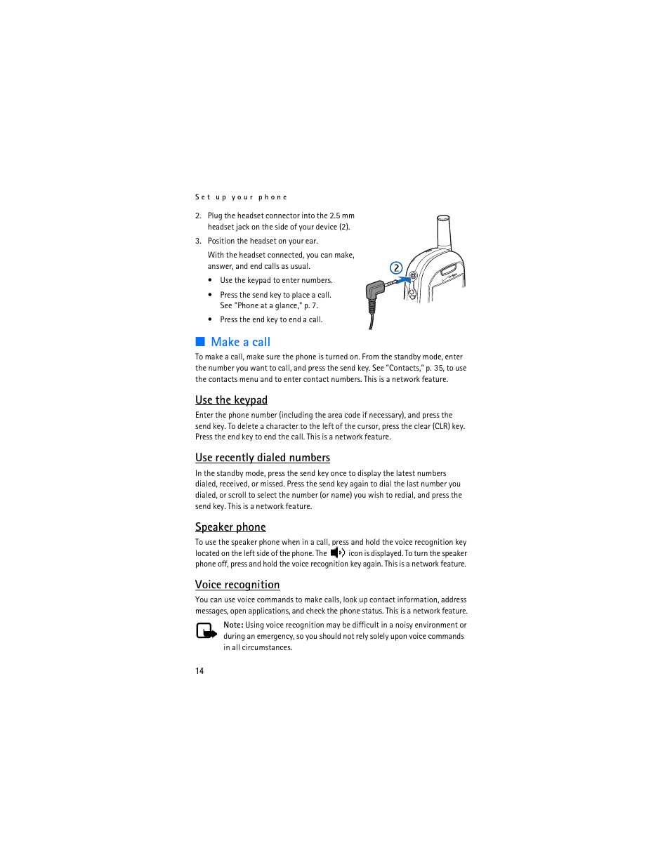 Make a call, Use the keypad, Use recently dialed numbers | Speaker phone, Voice recognition | Nokia 6305i User Manual | Page 15 / 137