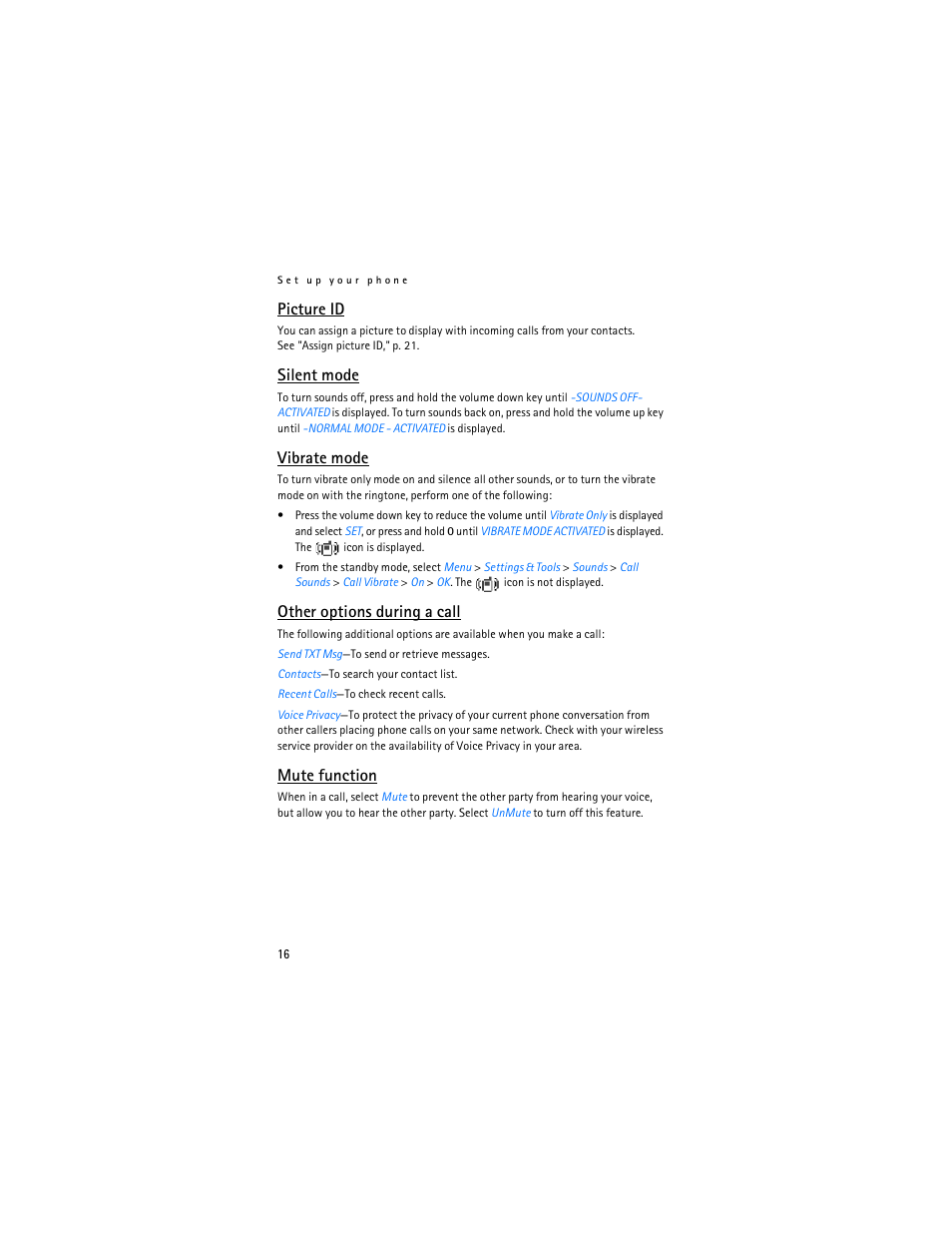 Picture id, Silent mode, Vibrate mode | Other options during a call, Mute function | Nokia 6305i User Manual | Page 17 / 137