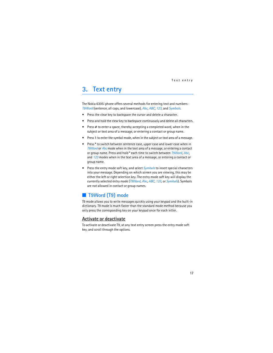 Text entry, T9word (t9) mode, Activate or deactivate | Nokia 6305i User Manual | Page 18 / 137