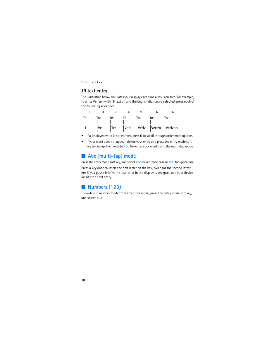 Abc (multi-tap) mode, Numbers (123), T9 text entry | Nokia 6305i User Manual | Page 19 / 137