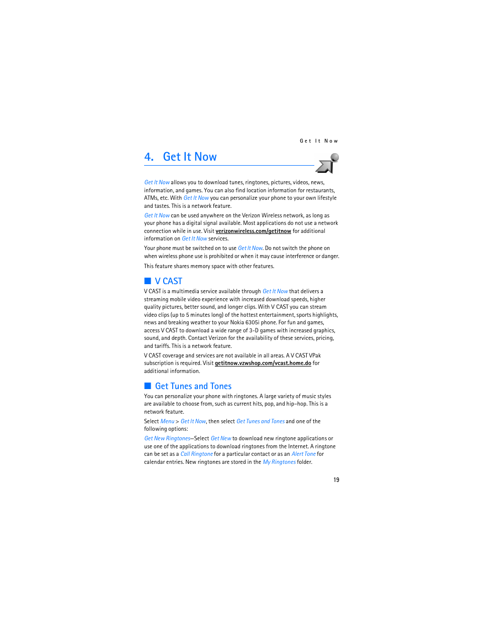 Get it now, V cast, Get tunes and tones | Nokia 6305i User Manual | Page 20 / 137