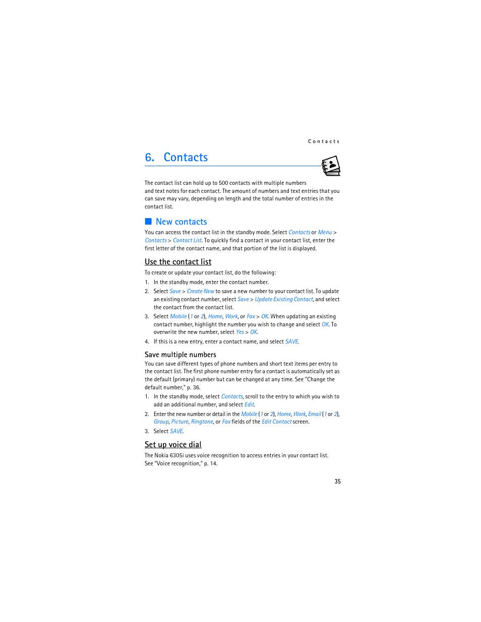 Contacts, E "contacts, New contacts | Use the contact list, Set up voice dial | Nokia 6305i User Manual | Page 36 / 137