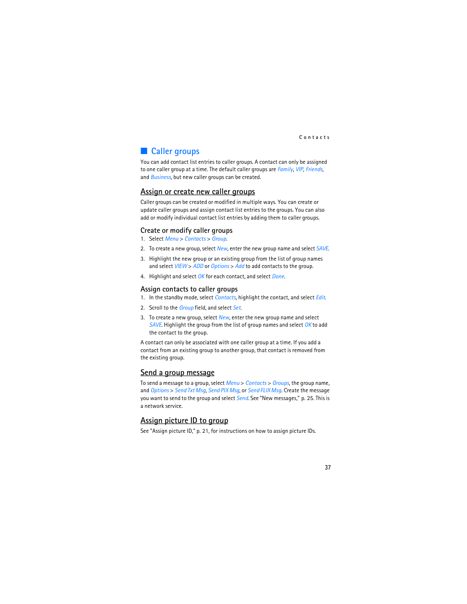 Caller groups, Assign or create new caller groups, Send a group message | Assign picture id to group | Nokia 6305i User Manual | Page 38 / 137