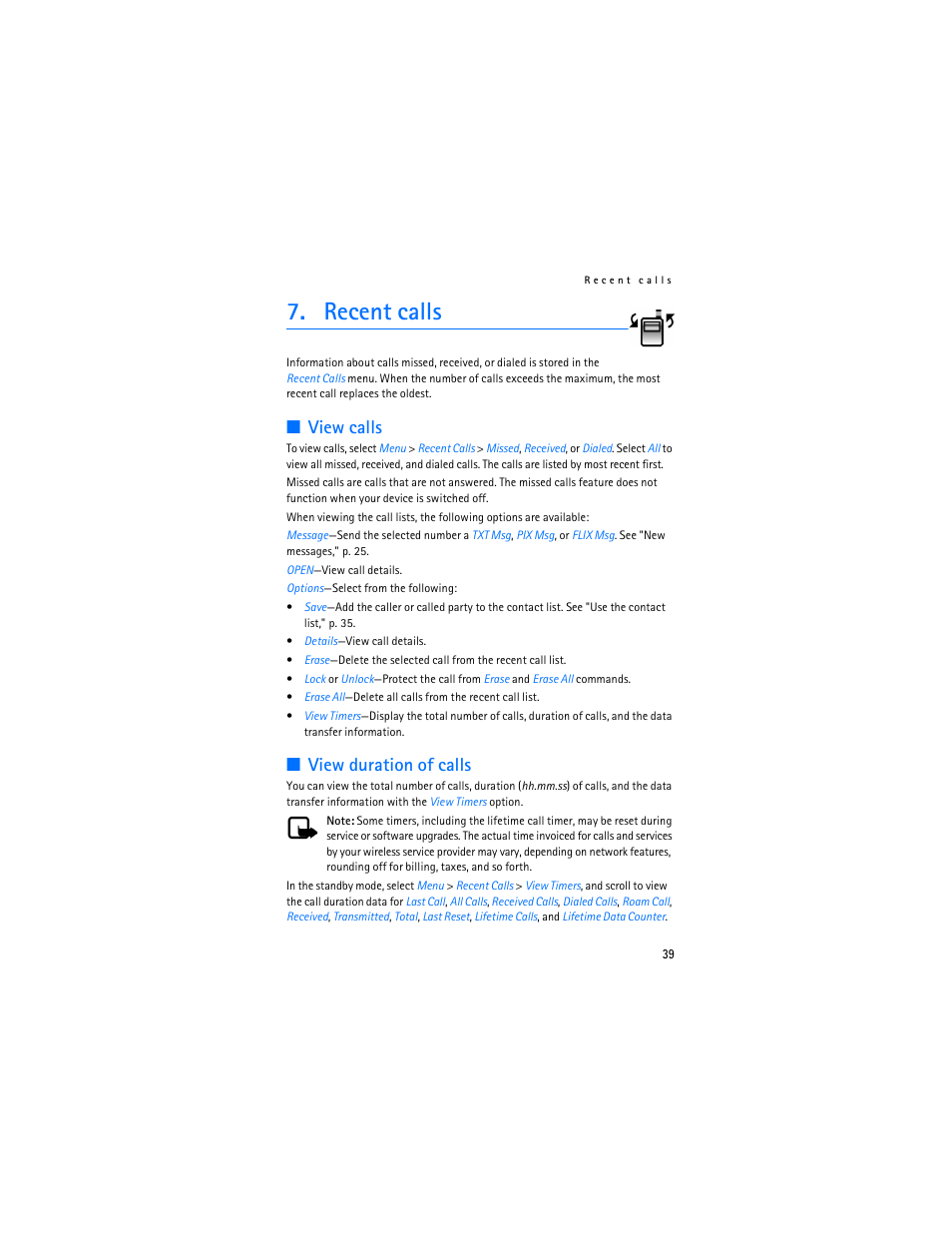 Recent calls, View calls, View duration of calls | Nokia 6305i User Manual | Page 40 / 137