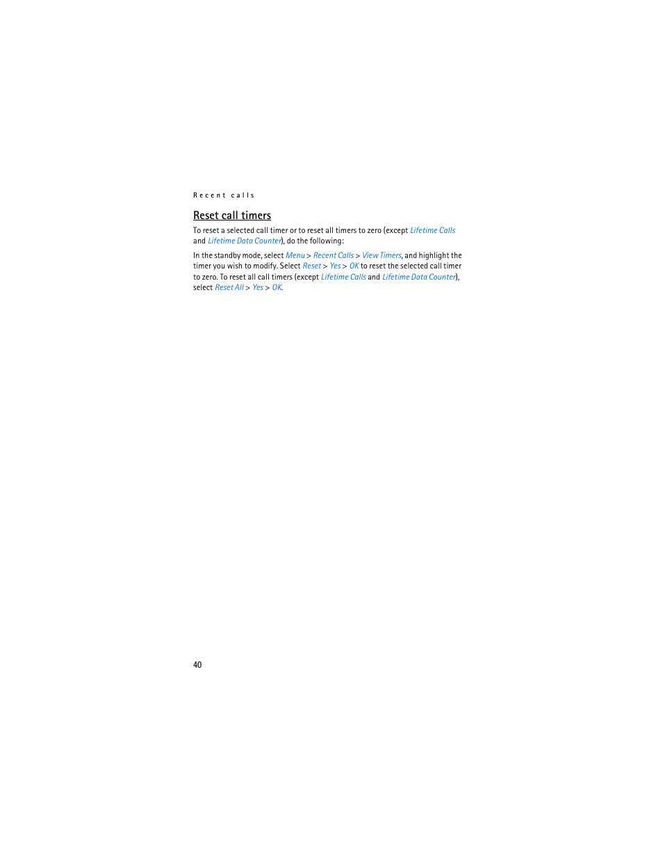 Reset call timers | Nokia 6305i User Manual | Page 41 / 137