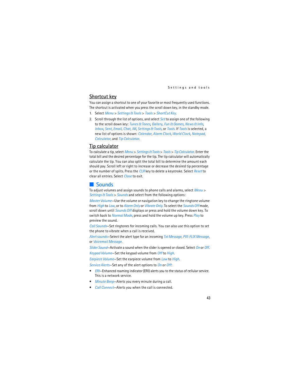 Sounds, Shortcut key, Tip calculator | Nokia 6305i User Manual | Page 44 / 137