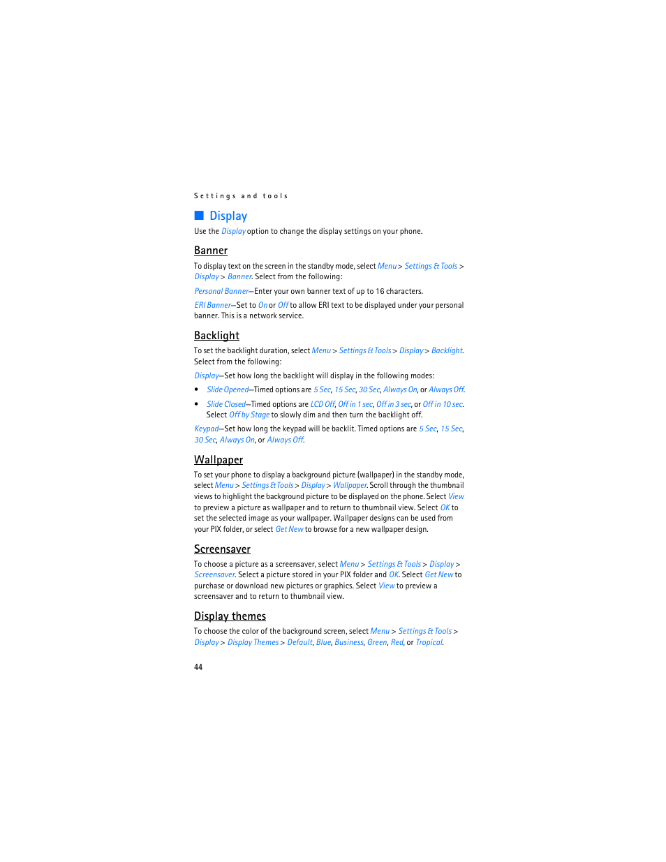 Display, Banner, Backlight | Wallpaper, Screensaver, Display themes | Nokia 6305i User Manual | Page 45 / 137