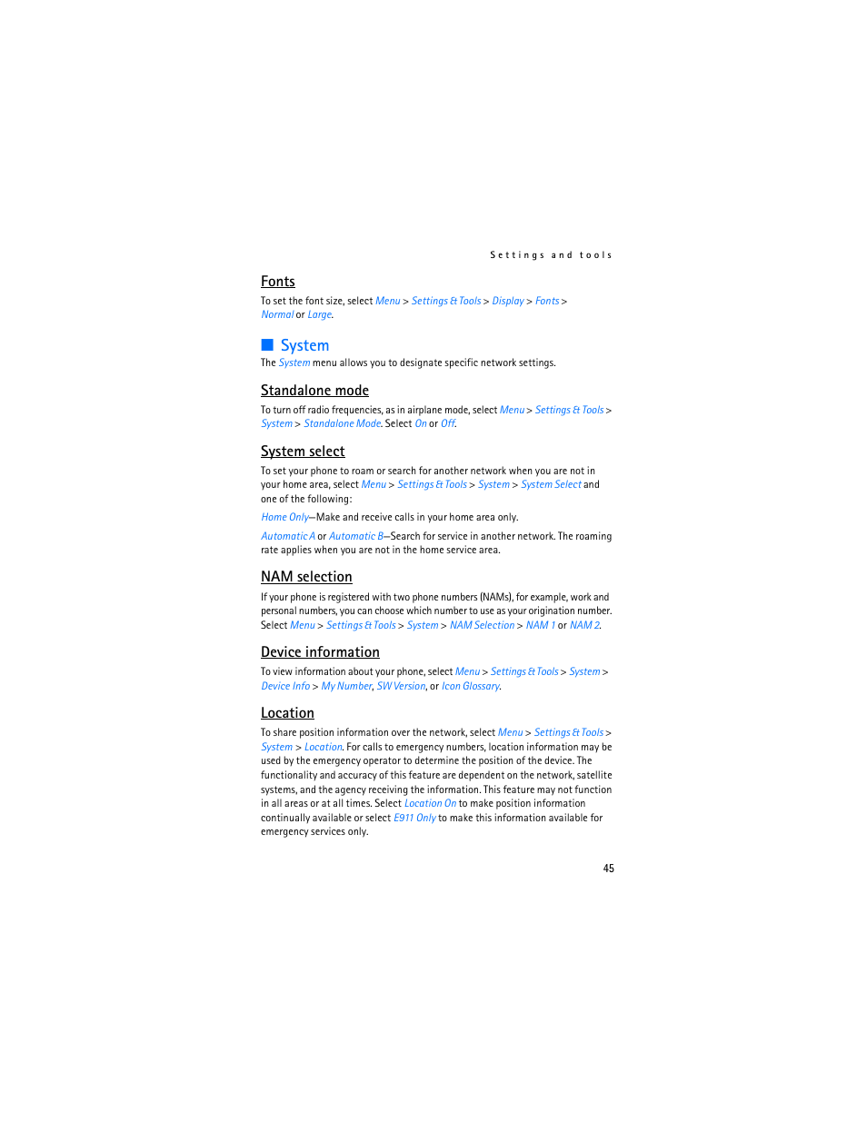 Device information, Location, System | Fonts, Standalone mode, System select, Nam selection | Nokia 6305i User Manual | Page 46 / 137