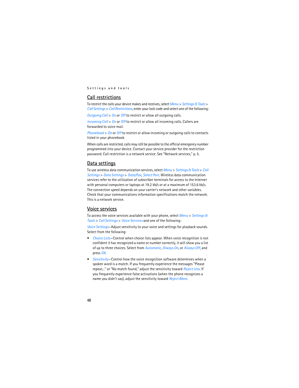 Call restrictions, Data settings, Voice services | Nokia 6305i User Manual | Page 49 / 137