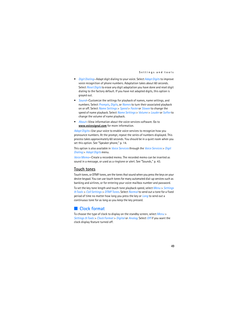 Clock format, Touch tones | Nokia 6305i User Manual | Page 50 / 137