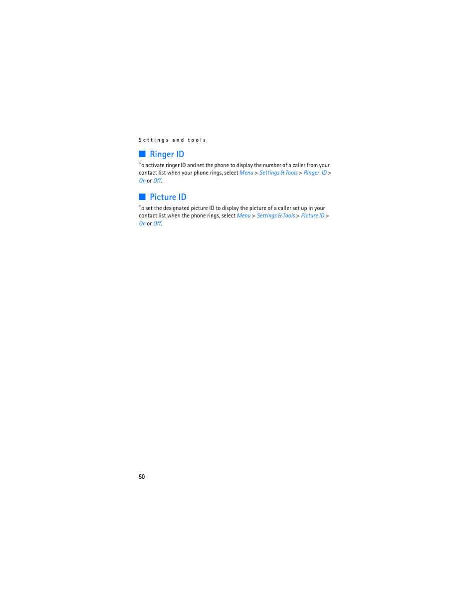 Ringer id, Picture id | Nokia 6305i User Manual | Page 51 / 137