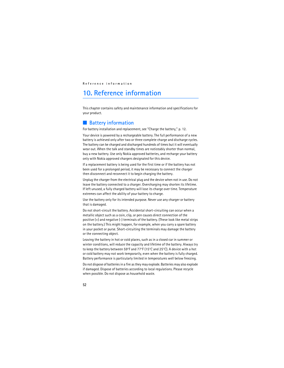 Referenceinformation, Reference information, Battery information | Nokia 6305i User Manual | Page 53 / 137