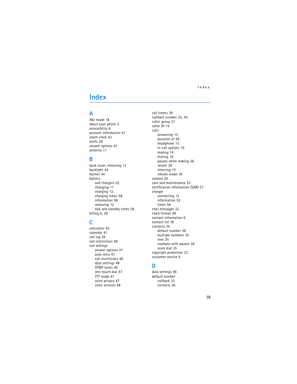 Index | Nokia 6305i User Manual | Page 60 / 137