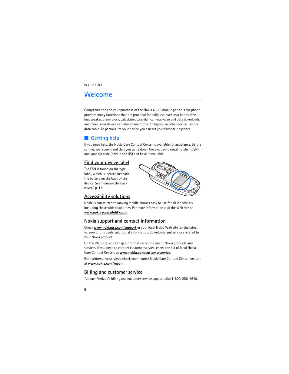 Welcome, Getting help | Nokia 6305i User Manual | Page 7 / 137
