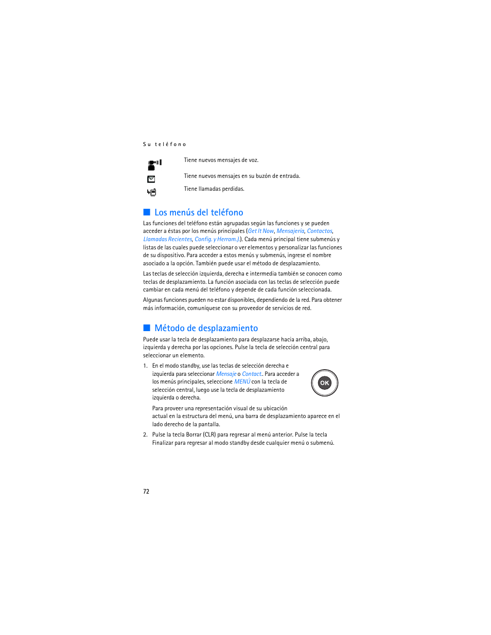 Los menús del teléfono, Método de desplazamiento | Nokia 6305i User Manual | Page 73 / 137