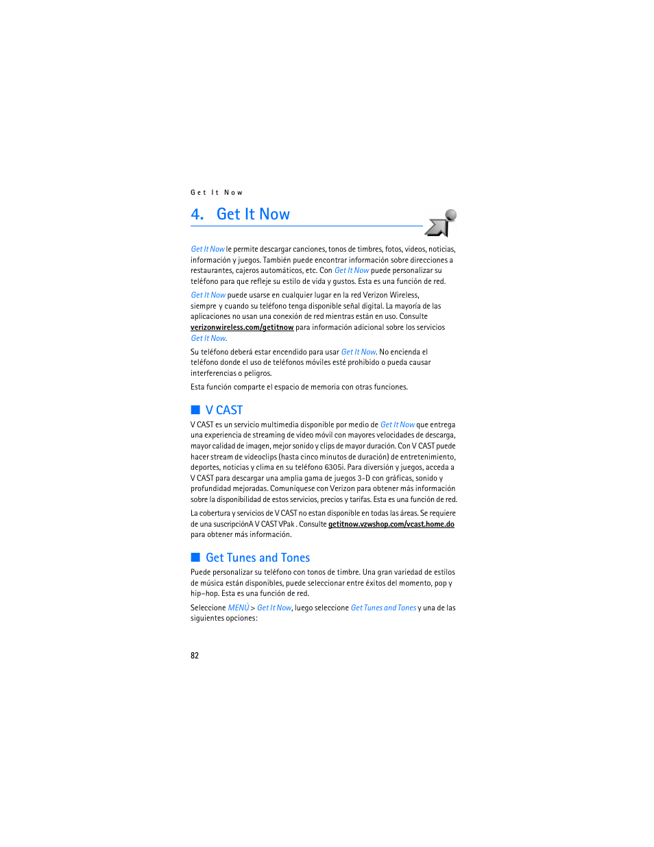 Get it now, V cast, Get tunes and tones | Nokia 6305i User Manual | Page 83 / 137
